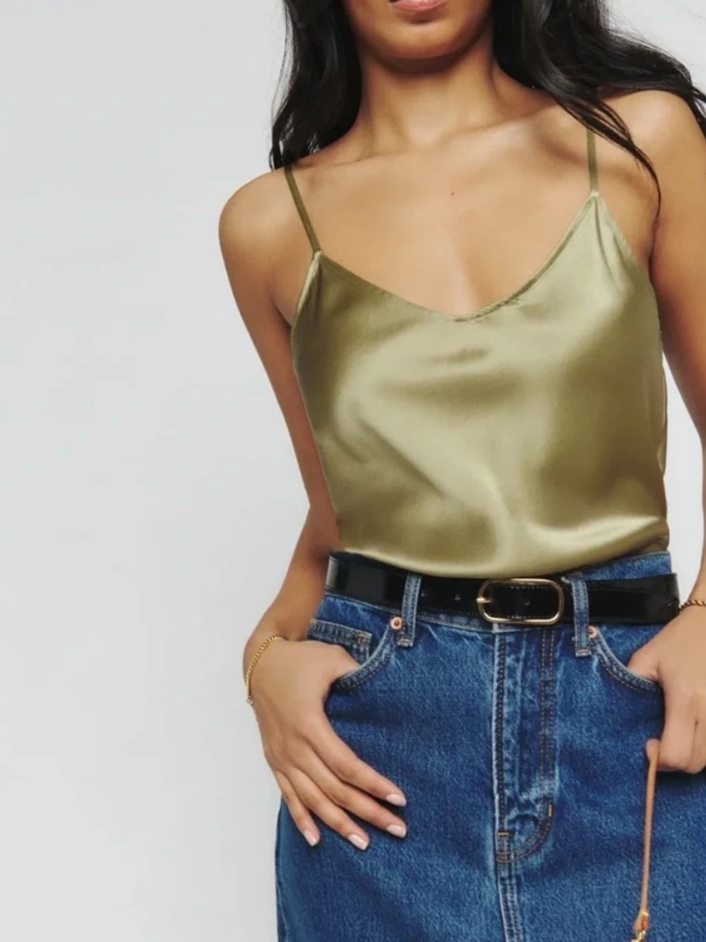 Reformation 100% Silk  Women's Adjustable Strap Tank Top in Olive